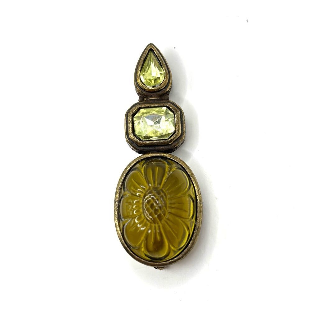 Vintage Style Flower Drop Brooch Antiqued Brass Olive Lime Green Pin Gold and Gr
